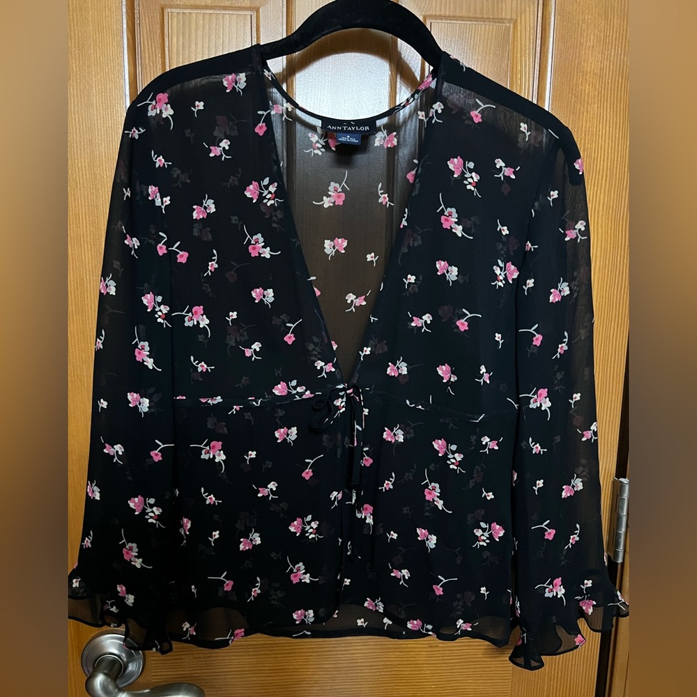 Ann Taylor Black Sheer Blouse with Pink Floral Design
